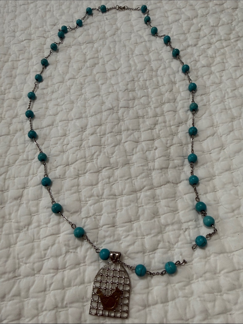 Turquoise Bead Necklace with Bird Cage Pendant *Broken/Needs Repair*